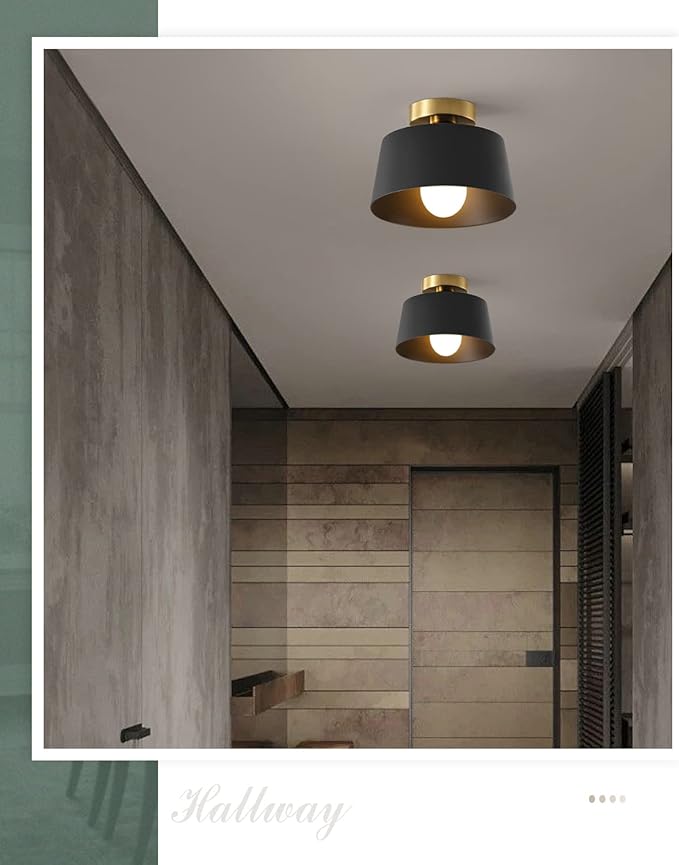 Ceiling Light Fixture, Hallway Ceiling Light with Gold Plate and Matte Black Shade, Modern Simple Style Porch Light Fixtures Semi Flush Mount (2 Pack Black)