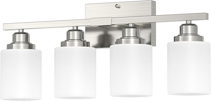 Sailstar Bathroom Light Fixtures, Brushed Nickel Vanity Light Over Mirror, 4-Light Wall Sconces with Milky White Frosted Glass Shades, Wall Lamp for Bedroom, Living Room, E26 Base (Bulbs Not Included)