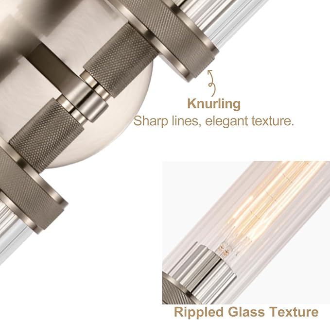 LaLuLa Brushed Nickel Vanity Lights – 2-Light Hardwired Bathroom Light Fixtures with Rippled Glass Shades and Textured Metal Body, Chrome Wall Sconces for Over Mirror or Hallway