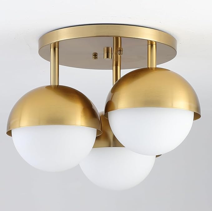Globe Flush Mount 3-Light Ceiling Light, Mid Century Modern Brass Gold Ceiling Light Fixture with Globe White Frosted Glass Shade for Bedroom Hallway Entryway Kitchen Living Room