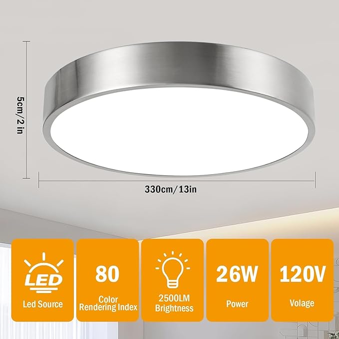 Modern Minimalist 13 Inch Ceiling Light, Dimmable 26W LED Ceiling Light Fixture with 3Color Temperatures, Brushed Nickel Flush Mount Ceiling Lighting Perfect for Bathroom & Bedroom