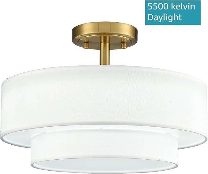 DAYCENT Modern Gold Semi Flush Mount Ceiling Light with Drum Shade 3000K/4500K/5500K LED Flush Mount Drum Lamp Brass Ceiling Light Fixtures for Hallway Bedroom Kitchen Living Room, 30W