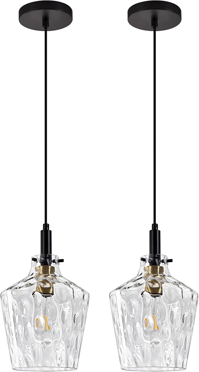 Modern Hammered Glass Pendant Light for Kitchen Island 2 Pack, Farmhouse Black and Gold Pendant Light Fixtures, Height Adjustable Ceiling Pendant Light, 8 Inch