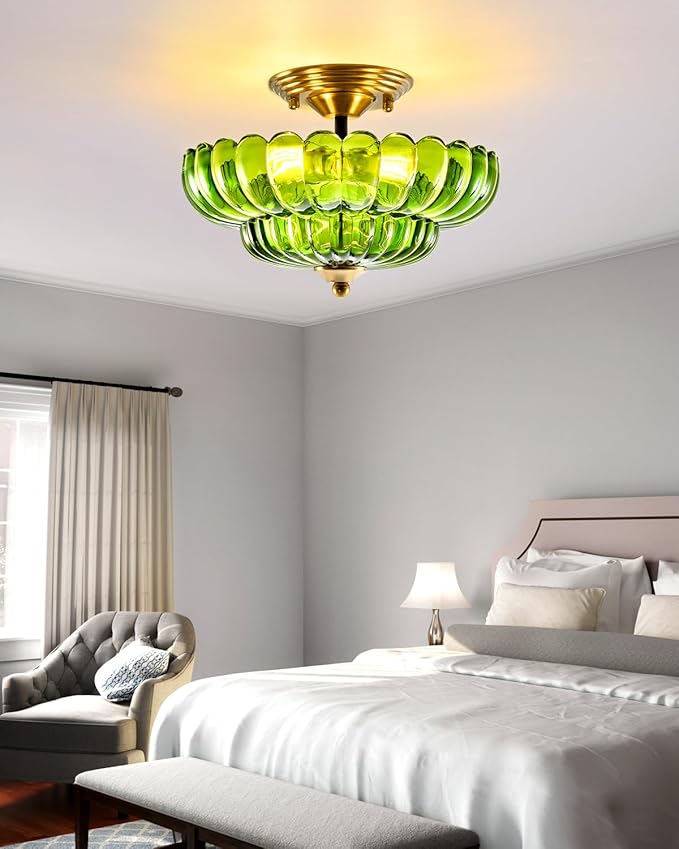 Black Semi Flush Mount Ceiling Light with Green Glass Shades, 3-Light Modern Farmhouse Lighting Fixture for Kitchen, Bathroom, Hallway, and Entryway