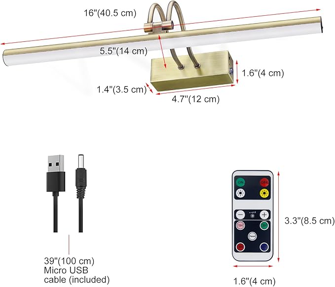 Picture Light, Picture Lights for Wall Cordless, 16inch Picture Lights with Timer and Dimmable, 5000mAh Battery Wall Lights for Display Gallery Painting Art Frame Portrait - Antique Brass 2 Colors