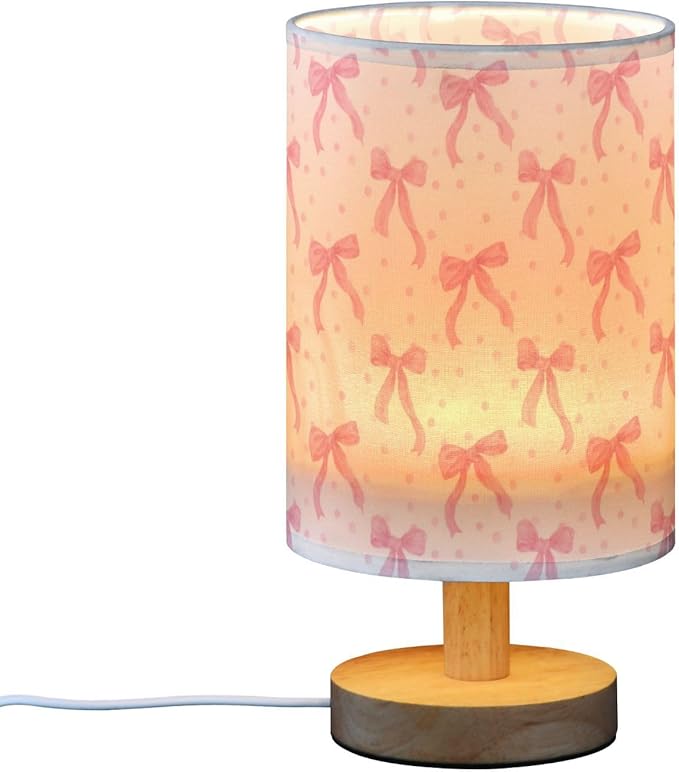 Aslsiy Coquette Ribbon on White Bedside Table Lamp Lovely Bow Nightstand Lamp Night Light Fabric Shade for Bedroom Living Room Home Office