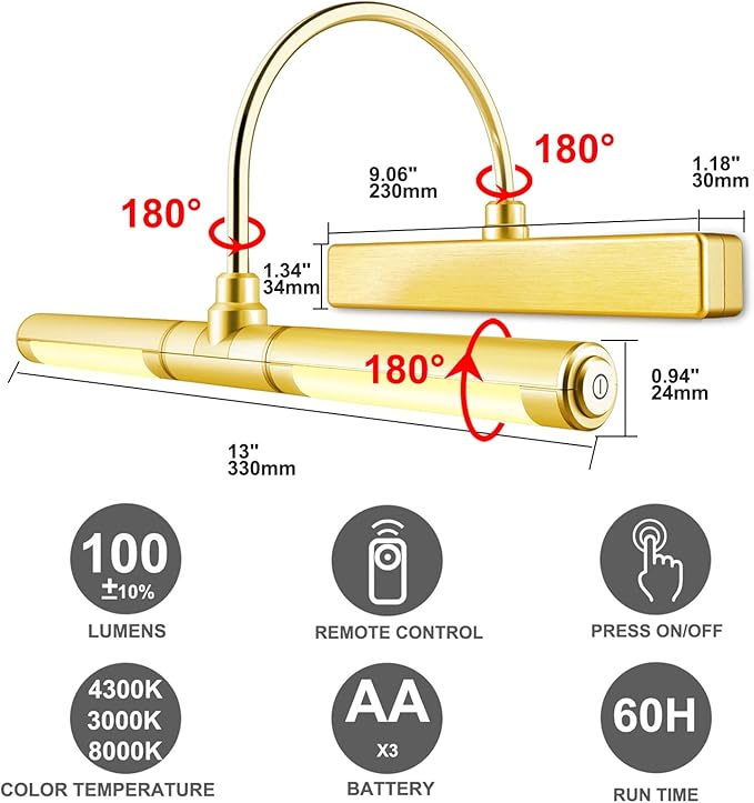 LUXSWAY Wireless Picture Light with Remote Control,Battery Operated Painting Light with Dimmable & Timer,180° Adjustable Head for Wall Art,Canvas Paintings,Portrait Displays-Gold