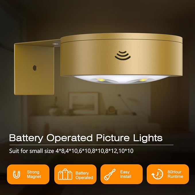 3Pack Picture Light Battery Operated Painting Lights for Wall Wireless Magnetic Display Art Light with Remote Control,Dimmable&Timer Portrait Light for Art Frame Artworking,Wall Decor Puck Lights-Gold
