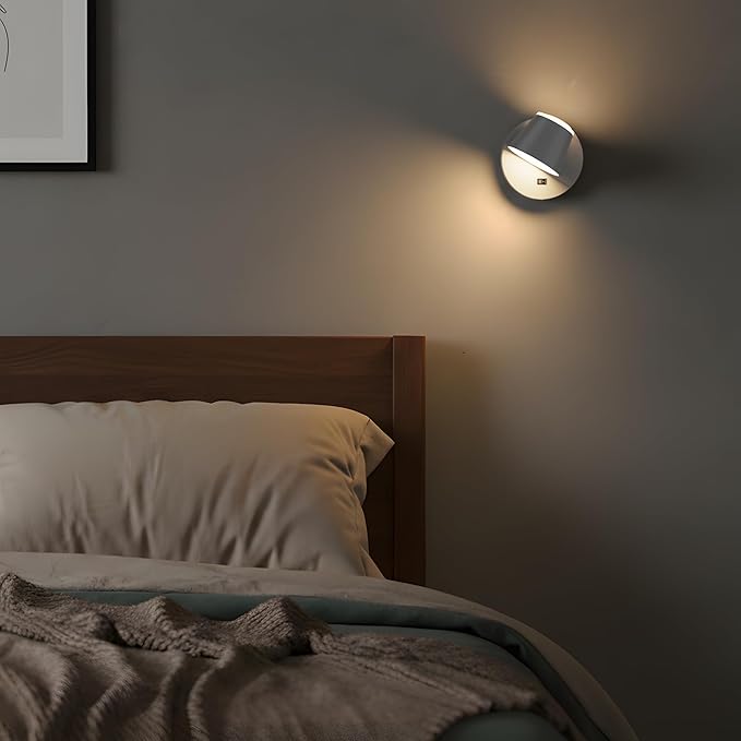 URSOLA Battery Operated Wall Lights Set of Two, LED Rechargeable Battery Wall Sconce with 9000mAh 3CCT and Dimmable Magnetic 360° Rotation Cordless Light for Bedroom(Grey)