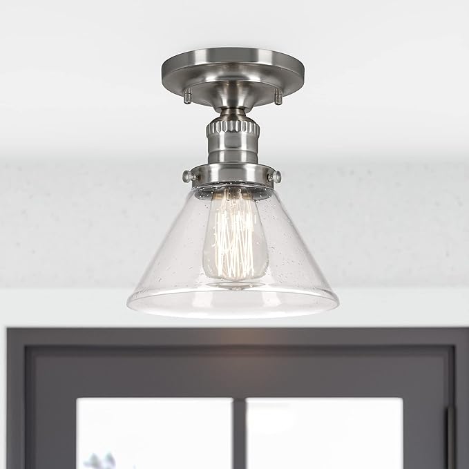 Design House Augustin Ceiling Light, 1-Light, Semi-Flush, Seeded Glass Glow, Dimmable, E26 Socket, Durable Metal Frame, Satin Nickel, 7.9 in L x x 7.9 in W x 9.1 in H, 589069-SN