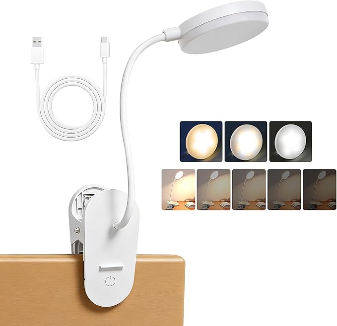 Clip On Clamp Light for Bed Headboard,Rechargeable Desk Lamp,3 Colors (White/Warm White/Warm),Dimmable 360° Gooseneck,20 LED,Eye-Caring Light for Study & WorkCollege Dorm Essentials for Girls & Guys