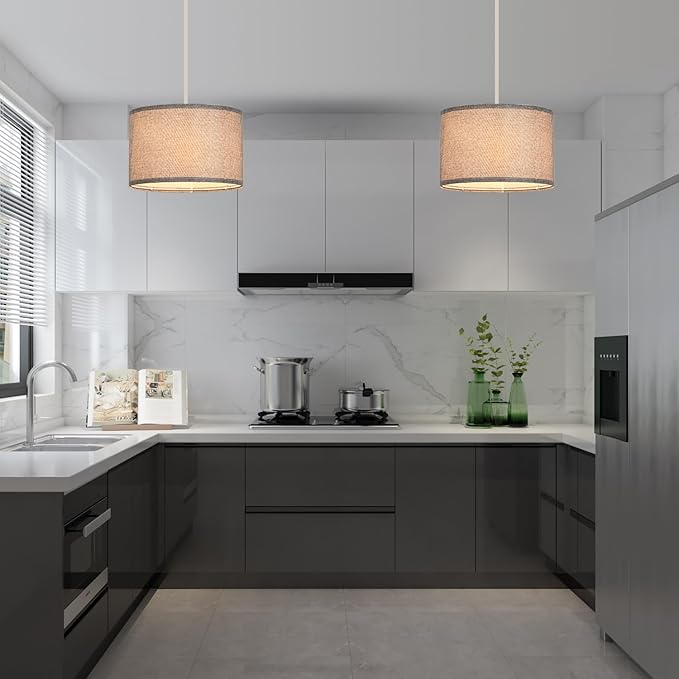 2 Pack Plug in Pendant Light, Hanging Light with 15Ft Clear Cord, On/Off Switch, Grey Fabric Lamp Shade, Hanging Light Fixture for Bedroom, Kitchen, Living Room, Dining Table