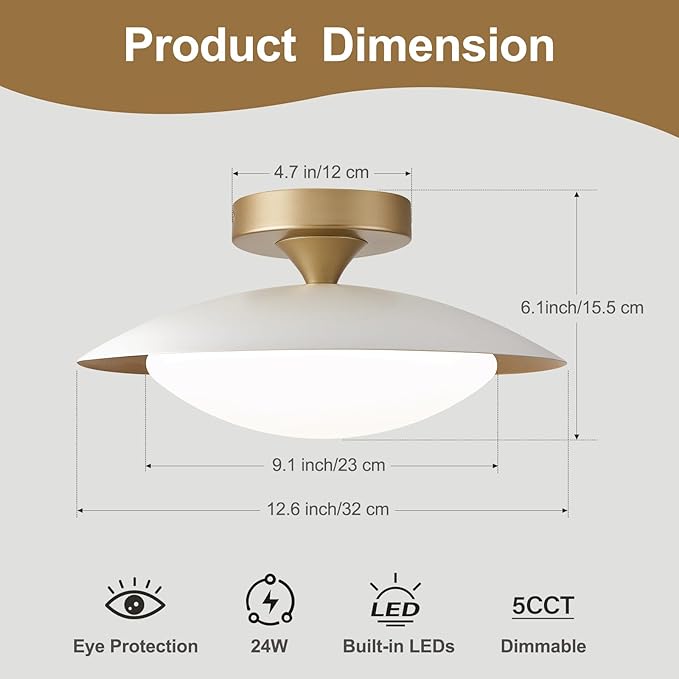 Dimmable Modern Mid-Century Ceiling Light, White and Gold LED Semi Flush Mount Ceiling Light, 5CCT 2700K-6000K Lighting Fixture Ceiling Lamp with Glass Shade for Bedroom Hallway Kitchen, 12.6in