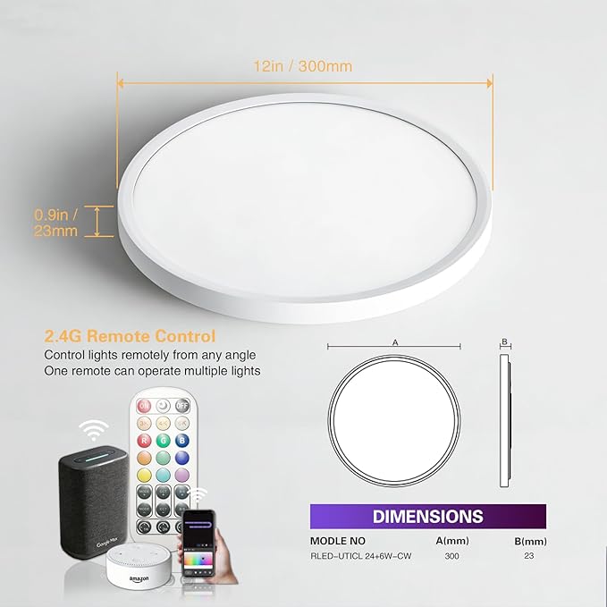 RGB Led Ceiling Light 12 Inch - RGB Rear Color, Flush Mount Ceiling Light for Bedroom Living Room,White, 2-Pack