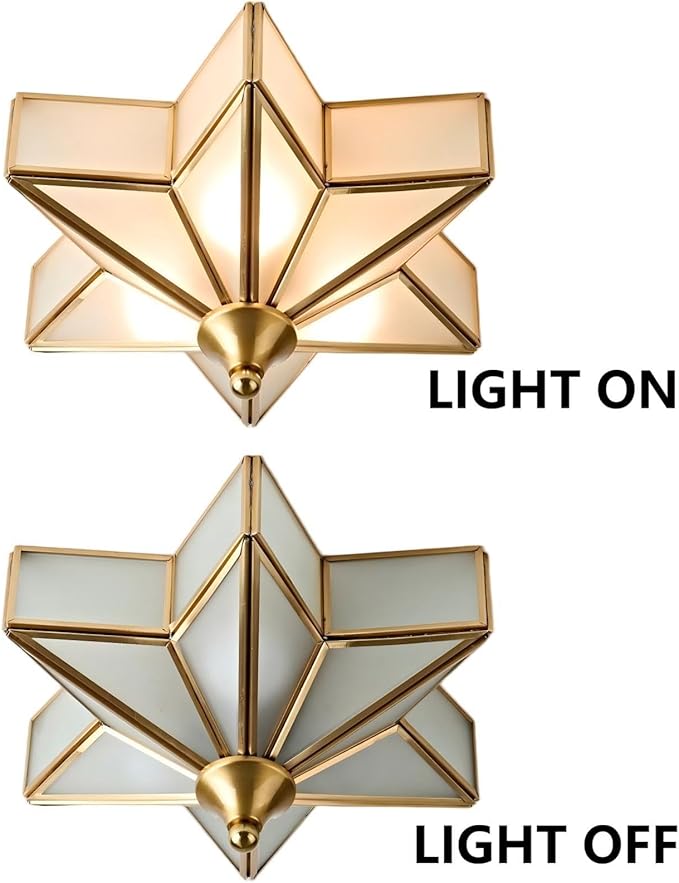 LIGHTLAND 11.8 Inch Flush Mount Star Ceiling Light, 3 Lights Brass Ceiling Lamp with Glass Lampshade, Art Deco Close to Ceiling Light Fixtures for Entryway Hallway Porch, Gold