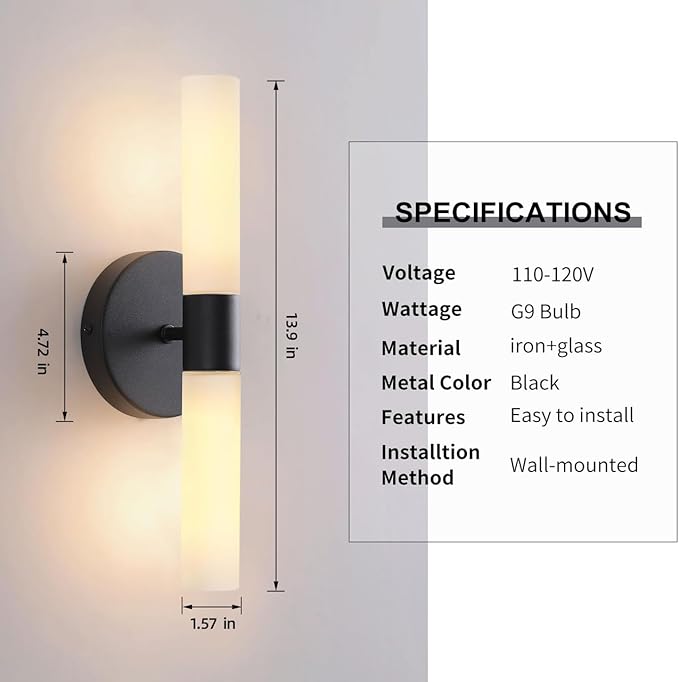 KUZZULL Wall Sconces Set of Two Matte Black Bathroom Wall Sconce Light Set of 2 Modern Wall Light Fixtures Metal Sconces Wall Lighting with White Glass Shade Wall Mounted Lamp for Living Room