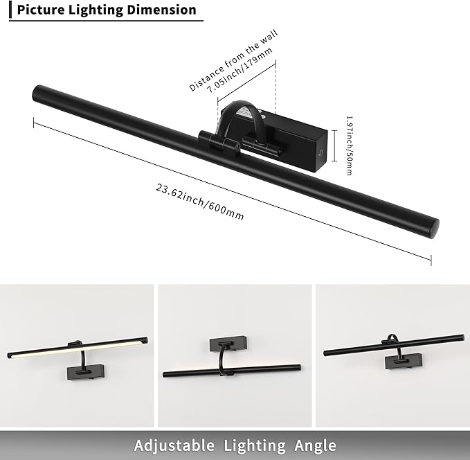 DESOOP Dimmable Black Picture Lights with Remote and Timer Wireless Art Lights Rechargeable Gallery Lighting for Canvas Portrait 24'' Inch 5W Warm White