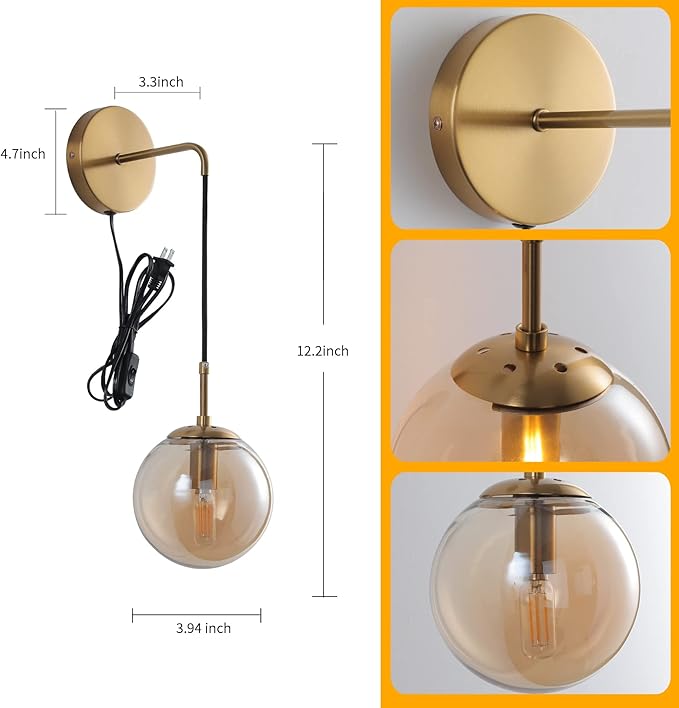 KUZZULL Wall Sconces Set of Two Plug in Wall Sconces with Globe Amber Glass Shade Wall Lamp with Cord Wall Sconce Plug in Brushed Brass Gold Sconces Set of 2 Wall Light Sconce