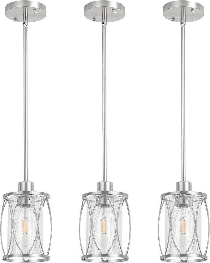 Glass Pendant Lights Kitchen Island Brushed Nickel Pendant Light Fixtures Adjustable Modern Mini Hanging Light with Clear Glass for Sink Dining Room Foyer Entryway Bar, 3 Pack