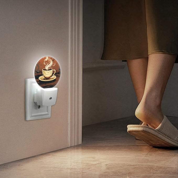 Round LED Night Lights Lamp with Dusk to Dawn Sensor, Steaming Cup of Coffee with Steam Rising Night Light Plug Into Wall for Kids Room, Bedroom, Bathroom, Kitchen, Hallway