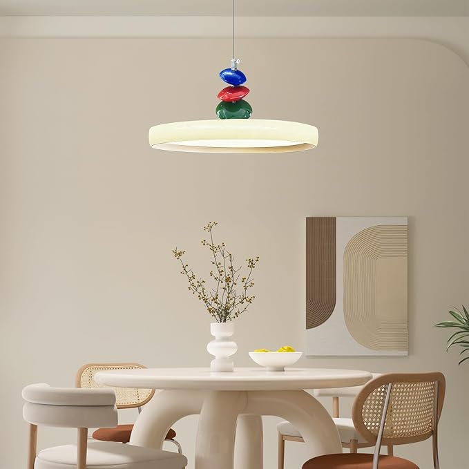 Mikeru Modern Pendant Lights, 23.6" Cream Yellow Pendant Lighting Fixture with Remote Control Dimmable 3 Color Mode & Brightness Mid Century Island Light Fixture for Dining Room,Kitchen,Living Room
