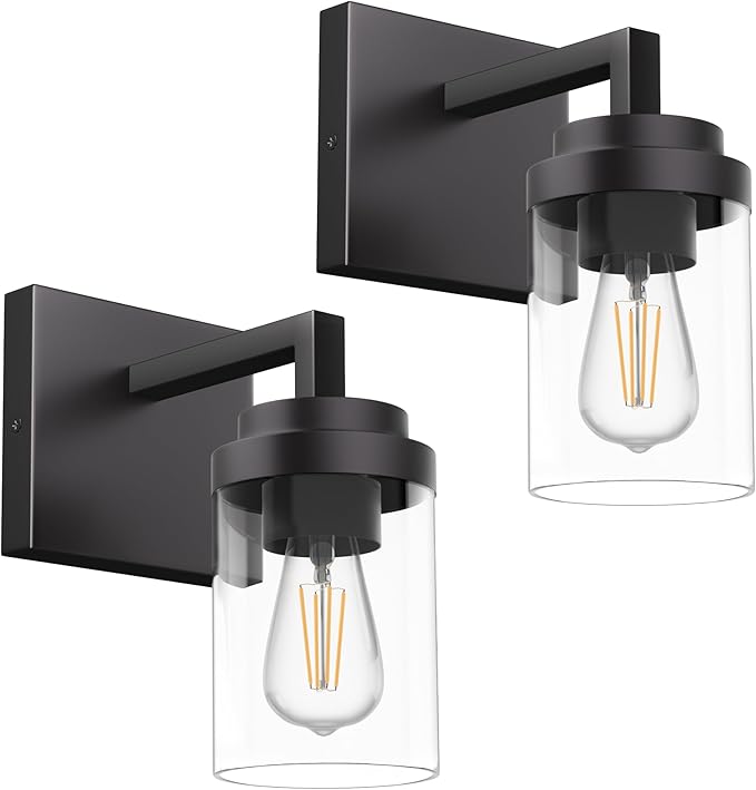 Espird Matte Black Wall Lights, Set of 2 Wall Sconce with Clear Glass Shade, Farmhouse Sconce Lights, Wall Mount Lamp for Bedroom Mirror Living Room