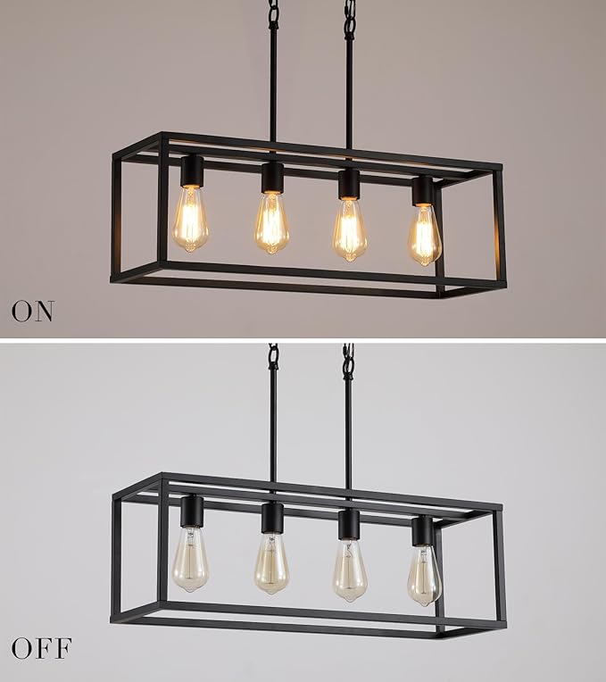 AMZASA Black Rectangle Island Lighting Rectangular Modern Industrial Chandelier 4 Lights Linear Vintage Cage Light Fixtures for Kitchen Dining Room (Height Adjustable)