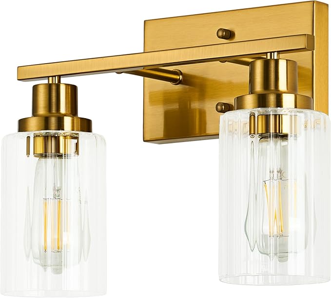Jonsi Gold Bathroom Light Fixtures, 2 Light Brushed Gold Vanity Lights With Fluted Glass Shade, Modern Lights Over Mirror, Vanity Lighting Fixtures
