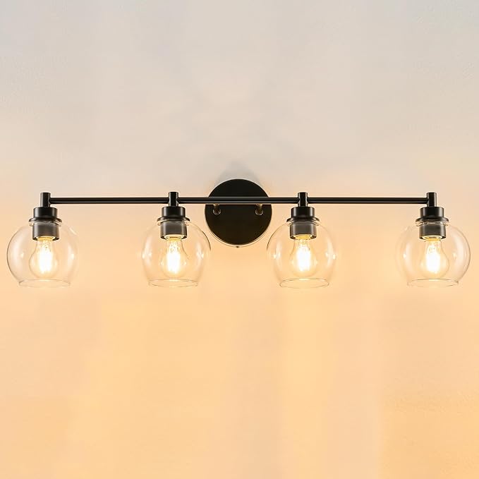 VONLUCE Bathroom Light Fixtures, 4-Light Bathroom Vanity Light with Globe Glass Shades E26 Sockets, Vanity Lights Over Mirror for Bedroom Hallway Living Room, Black Finish