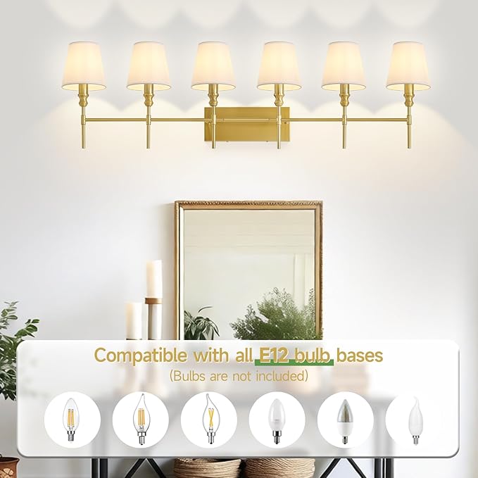 6-Light Bathroom Light Fixtures,50 in Vintage Bathroom Vanity Lights Over Mirror,Antique Brass Wall Sconce with Flared White Fabric Lampshade for Bedroom,Living Room,Foyer,Hardwired,E12 Base