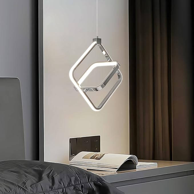 Modern LED Chandelier Chrome Rectangular Pendant Light Fixtures 4000K 20W Dimmable Height Adjustable Pendant Lighting for Dining Room Kitchen Island Bedroom Living Room Foyer(1-Pack)