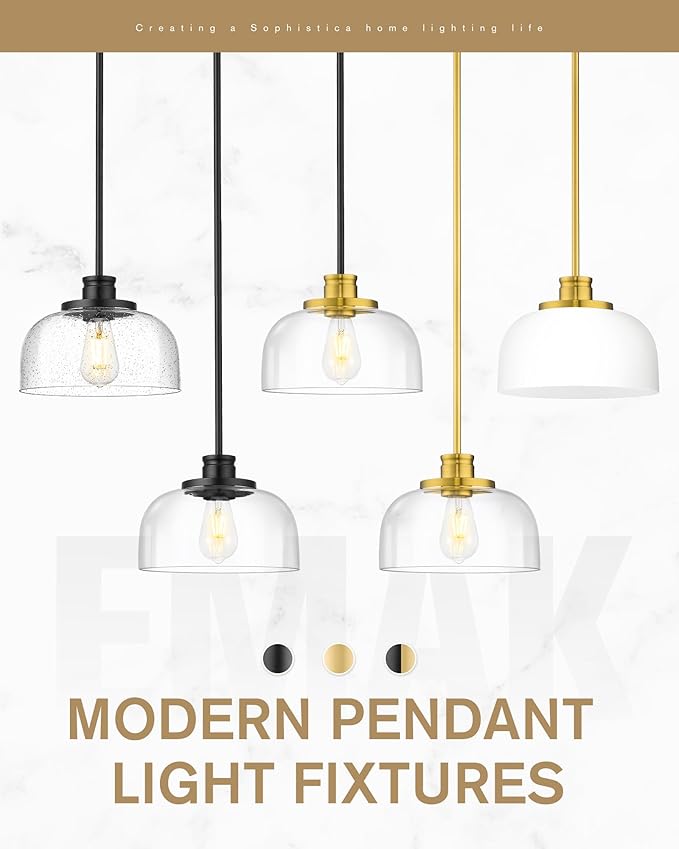 Emak 2 Pack Black Pendant Light Fixtures, 10 Inch Seeded Glass Pendant Lights Kitchen Island, Modern Farmhouse Island Lights for Kitchen, Dining Room, Bathroom, Bar, PL131-BK-SG-2PK