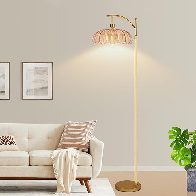 QIYIZM Glass Floor Lamp for Living Room,Bedroom,Gold Dimmable Standing Lamp with Remote,Mid Century Modern Brass Tall Lamp Boho Floor Lamps Arc Stained Flower Floor Light Lamp Bohemian