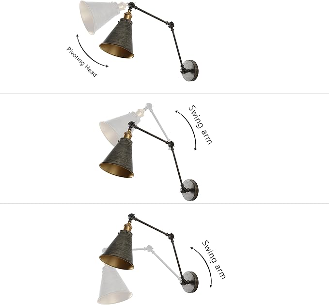JONATHAN Y 7" Rustic Dark Gray/Brass Gold Classic Industrial Metal Adjustable Arm LED Wall Sconce for Bedside Reading, Farmhouse Swing Arm Wall Lamp with Metal Shade, Hardwired (JYL7462D)