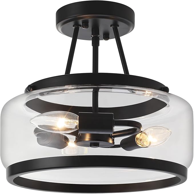 11.81" Black Glass Semi Flush Mount Ceiling Light, 3-Light Modern Light Fixture, Hallway Ceiling Lights, Ceiling Lamp for Entryway Bedroom Laundry Kitchen Dining Room Close to Ceiling Light Fixtures