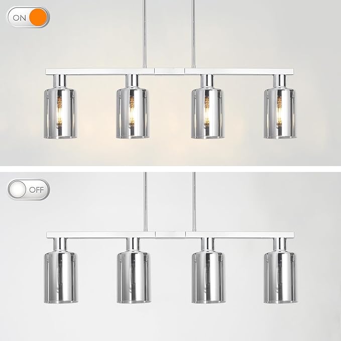4-Light Kitchen Island Lighting, Chrome Dining Room Light Fixture/Island Light Over Table Hanging for Farmhouse Linear Chandeliers Rustic Ceiling Pendant Light Fixtures with Smoke Gray Glass Shade