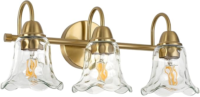 Bathroom Light Fixtures Over Mirror, 3 Lights Vintage Wall Sconces with Hammered Glass Shade, 19.3" Gold Bathroom Wall Light Fixtures for Bedroom, Porch, Hotel, Mirror Cabinet
