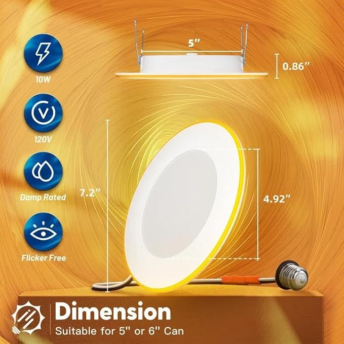 FREELICHT 12 Pack 5/6 Inch 5CCT LED Recessed Can Light with Night Light, 2700K/3000K/4000K/5000K/6000K Selectable Flat Recessed Lighting, 10W=110W, 1000LM, Dimmable Retrofit - ETL & FCC