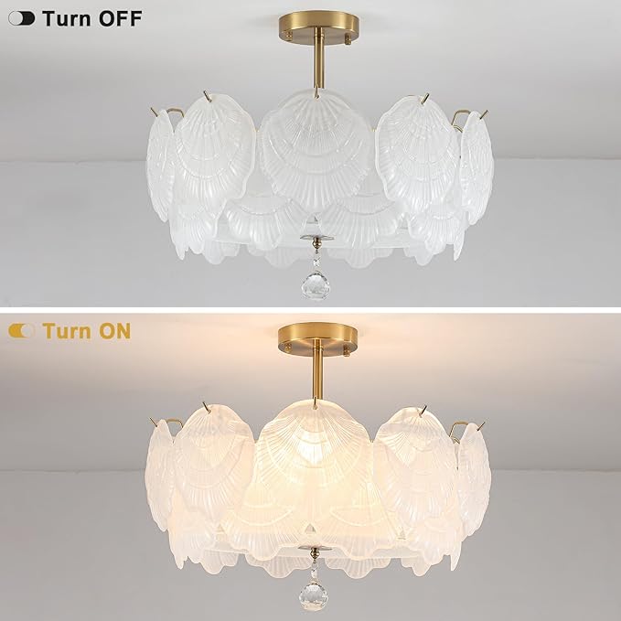 ETONIMERR 19.7'' Modern Glass Chandelier for Dining Room, Gold Semi Flush Mount Ceiling Light with Glass Shell Petals, 3 Light Flower Chandelier for Bedroom Living Room Hallway Entryway