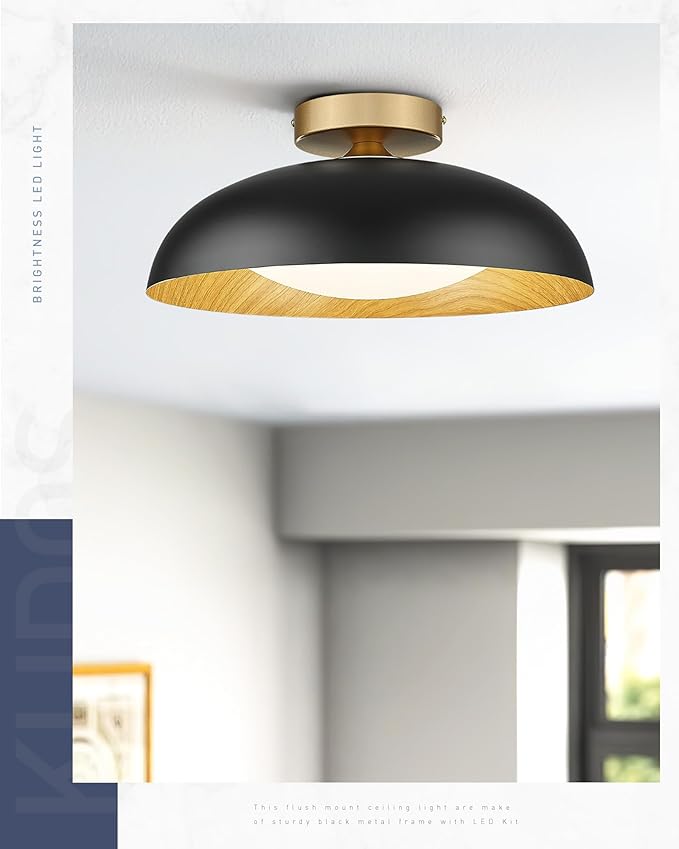 Kudos 15-Inch Flush Mount Ceiling Light with Painted Wood-Grain and Black Finish, 24W/1300lm for Kitchen, Bedroom, Hallway, 5CCT