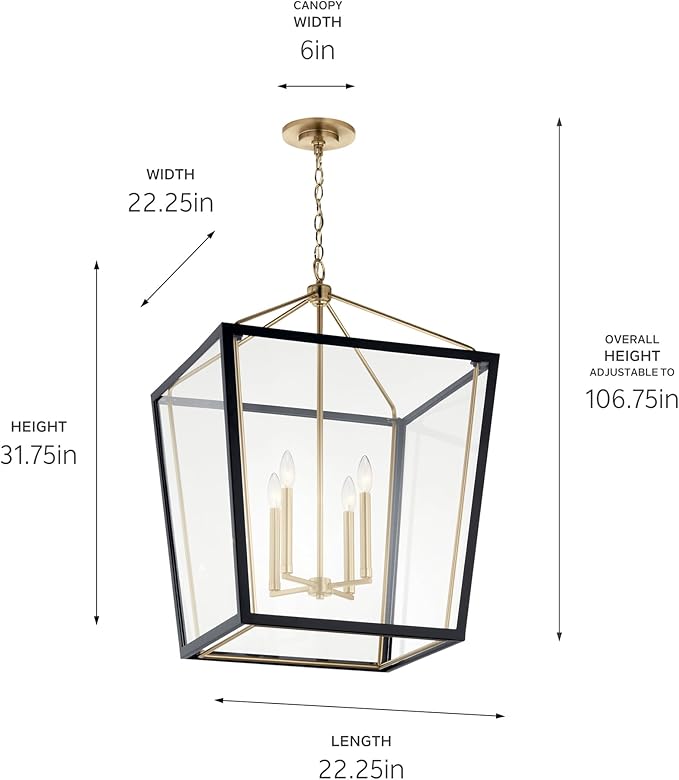 Kichler Delvin 4-Light Foyer Pendant, Updated Traditional Light with Clear Glass in Champagne Bronze and Black, for 2-Story or Vaulted Foyer, Dining Room, Living Room, or Kitchen, 52620CPZBK