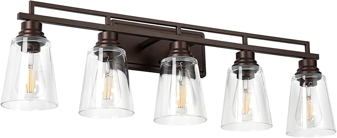 Refice 5-Light Bathroom Vanity Lights, Bathroom Light Fixtures with Clear Glass Shades, Vintage Oil Rubbed Bronze Wall Sconces Over Mirror for Living Room, Farmhouse, Hallway