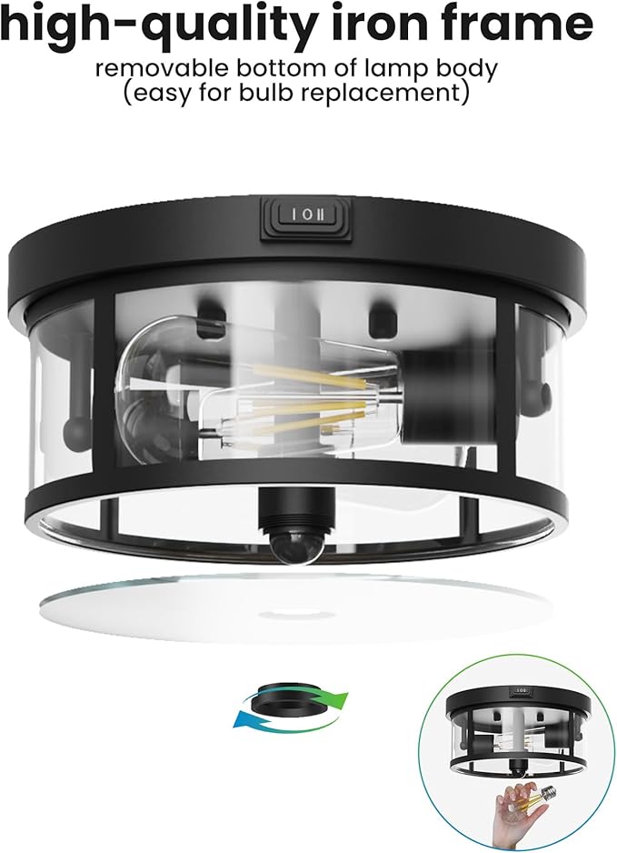 2Pack Outdoor Flush Mount Ceiling Light 12.5In - Motion Sensor Porch Light, 2-Light E26 Socket, Durable Iron & Clear Glass, Light Fixtures for Porch, Driveway, Covered Patio, Farmhouse