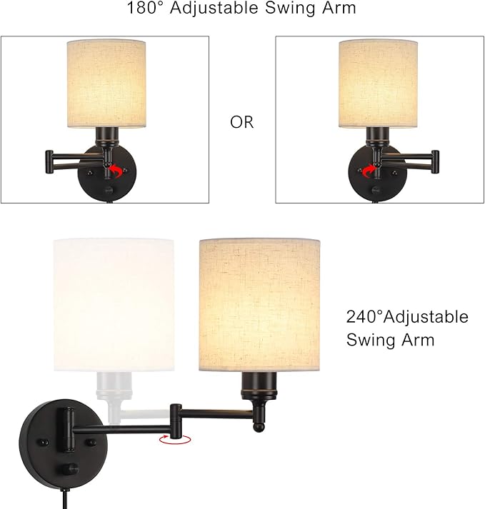 CADUKE Plug in Wall Light Set of 2, Swing Arm Wall Lamps, Modern Bedroom Wall Sconce Fixtures with Linen Lampshade for Reading Hallway Living Room