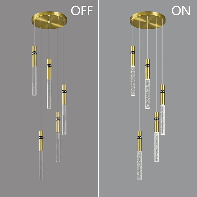 Pendant Lights Kitchen Island Light Fixtures Dimmable LED Modern Pendant Light with Bubble Crystal Pendant Lighting for Kitchen Bedroom Hallway Entryway (Gold 5-Light)
