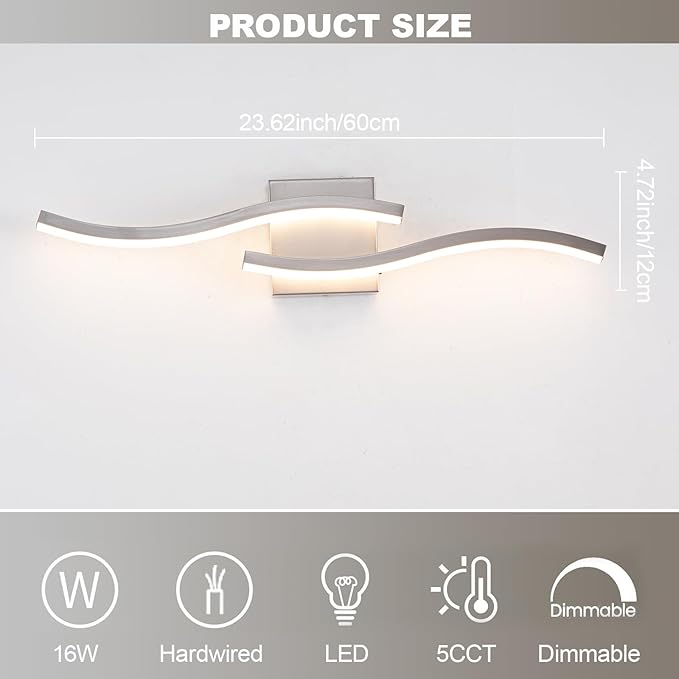 Brushed Nickel Curved Bathroom Vanity Light Fixture Over Mirror, 23.62 inch Modern LED Wall Lamp 5CCT Dimmable Bathroom Light Fixture Vanity Lighting Wall Sconces