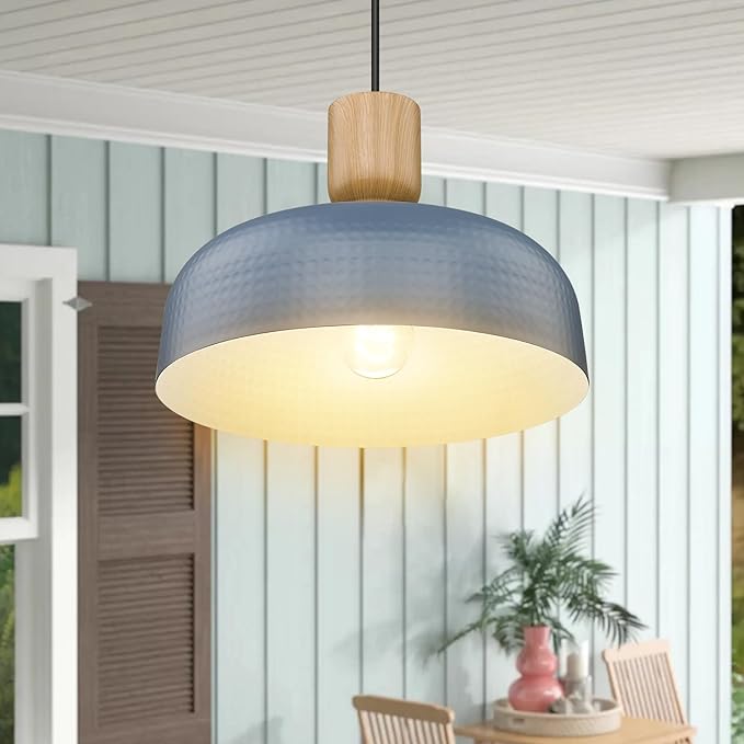Darkaway Dusk to Dawn Industrial Pendant Light Fixtures Ceiling Hanging with Hammered Metal Shade, 2pcs Blue Pendant Light for Outdoor Porch Lighting Hanging Lamp Adjustable Height
