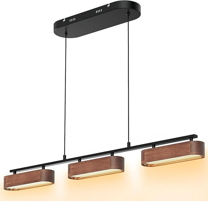37.6" Kitchen Island Lights, 28W Wood Dining Room Light Fixtures Over Table, Dimmable Linear Pendant Lights for Kitchen Island, 3-Light Rustic Hanging Farmhouse Chandeliers, Walnut Color