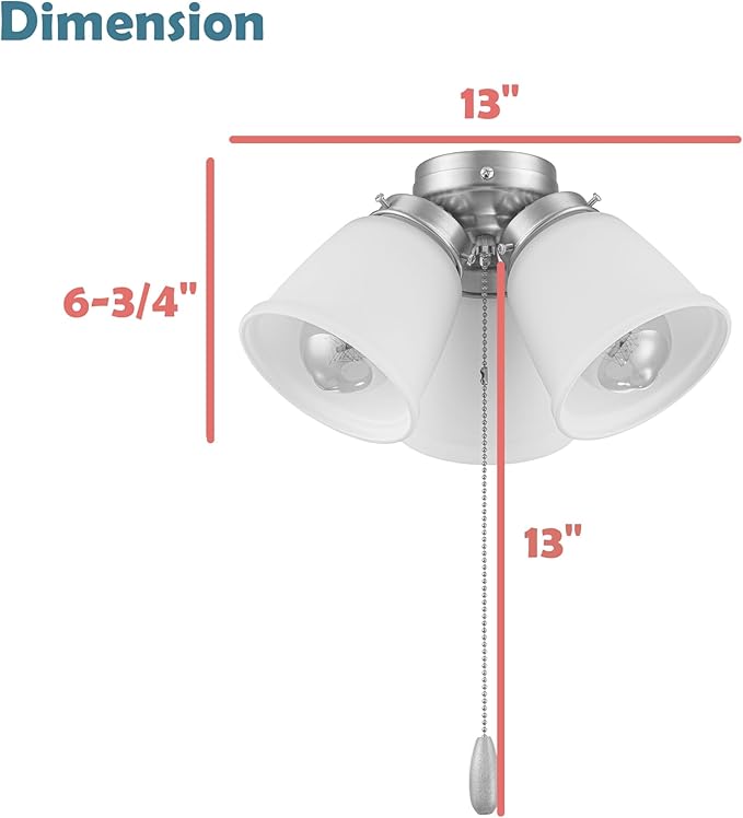 Aspen Creative 22013-2, Three-Light Ceiling Fan Light Kit with Pull Chain, Matte White Finish with Frosted Glass Shades, 13" Diameter x 6-3/4" Height
