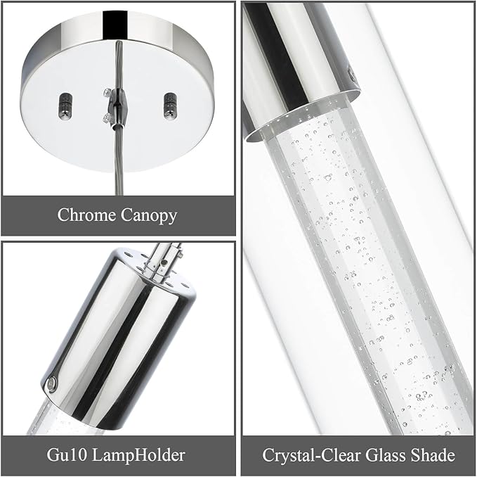 XiNBEi Lighting Pendant Lighting 1 Light Mini Pendant Lights with Glass and Bubble Crystal, Modern Chrome Hanging Pendant Light with LED Bulb for Kitchen & Dining Room XB-P1110-CH